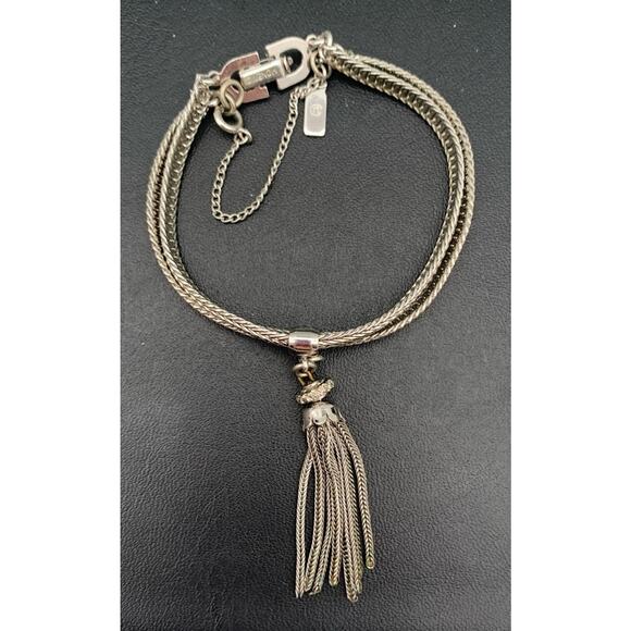 Vintage Monet Designer Bracelet Silver Tone Double Chain W Tassel & Safety Chain - Picture 1 of 5